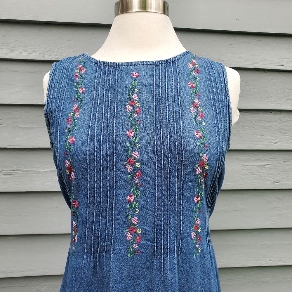Vintage 90s y2k Floral Embroidered Denim Baptist Homeschool Mom Jumper Dress 6 - Picture 9 of 10